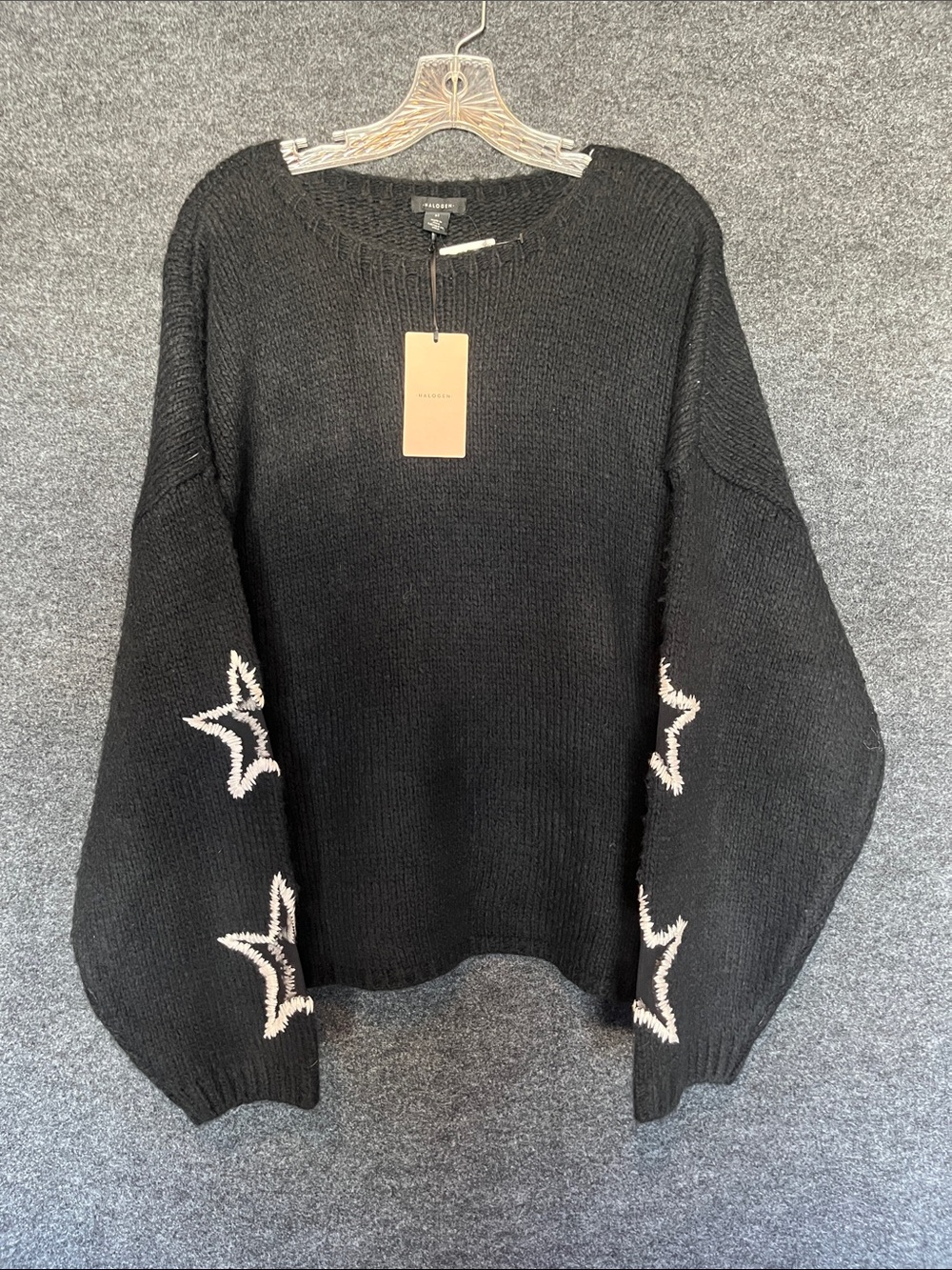 Halogen Crewneck Sweater with Sheer Star Sleeves
